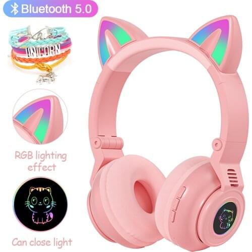 Colorful LED Light Cat Ear Wireless Headphone with HD Mic Stereo Headphones Bluetooth Headset Helmet Gamer Headphones ,Gifts