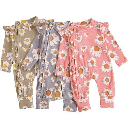 Citgeett Spring Baby Girls Sunflower Printed Romper Long Fly Sleeve Ruffled Hidden Zipper Closure Bodysuit Autumn Clothes