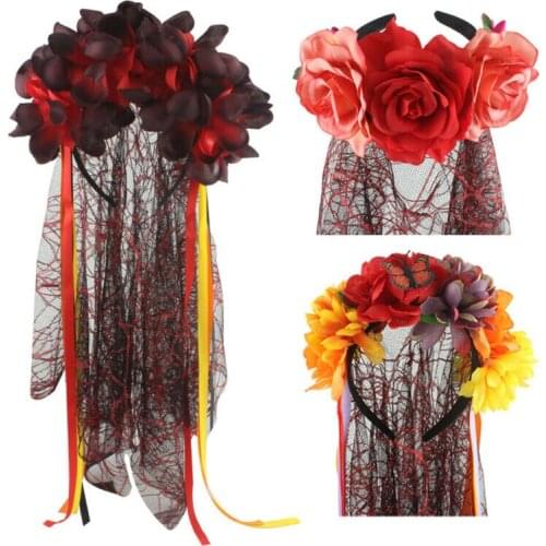 Floral Rose Flower Headband Veil Hairband Hair Garland Festival Party Headdress Halloween Floral Headband Decors Halloween Party