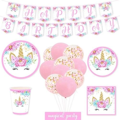 Rose Unicorn Birthday Party Disposable Cutlery Set Decoration Paper Plate Tissue Paper Cup Childrens Party Birthday Supplies