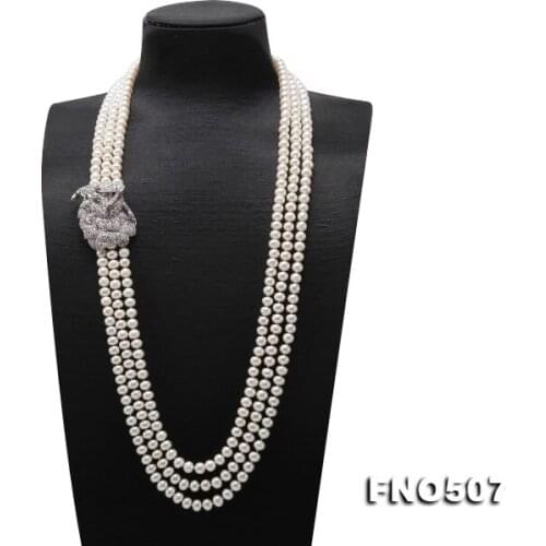 Elegant Ladies Necklace Perfect 7-8mm Natural White Freshwater Pearl Long Necklace White Rhinestone Flower Jewelry Loving Gift
