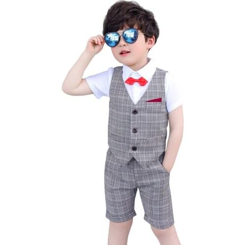 2021 Plaid Children Dresses for Boys Summer Kids Wedding Suit Vest Shorts Baby School Sets Piano Clothes Birthday Outfits