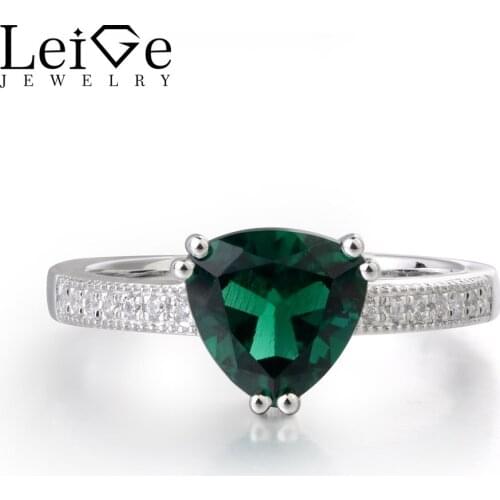 Leige Jewelry Lab Created Emerald Gemstone 925 Sterling Silver May Birthstone Trillion Cut Engagement Rings For Woman