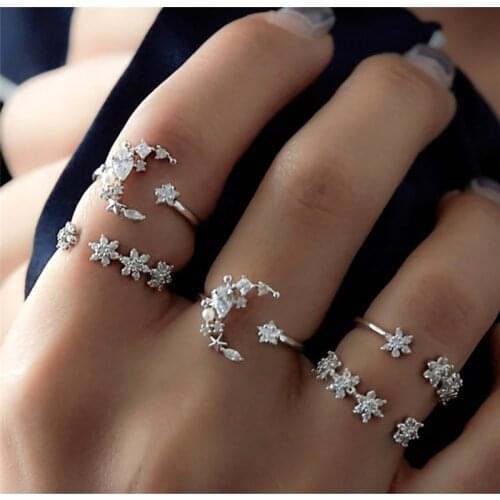 Fashion Silver Color Rings For Women Moon Flower Ring Set Female Statement Engagement Party Jewelry 2018 5pcs Rings Ladies
