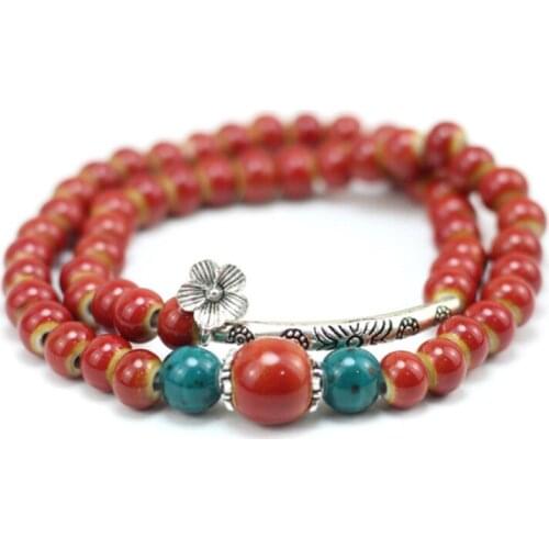 Fashion Ceramic Bracelet Handmade Jewelry Tibetan Silver Color Flower Glaze Floret Winding Double Beaded Bracelet For Women Gift