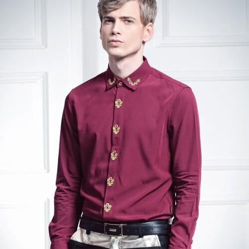 Free Shipping New Mans male party 2016 autumn fashion casual long-sleeve slim Embroidery wine red 512012 shirt 5XL Bamboo fiber