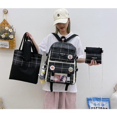 4-piece set Fashion Women Backpack Kawaii Doll Pendant School Bag For Girls Large Capacity Waterproof Bagpacks With Many Pockets