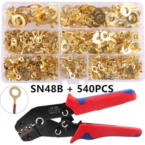 540PCS Non-Insulated Brass Ring Terminials SN48B Crimping Plier Assortment Kit 3.2mm-10.2mm Cable Lug Wire Connectors