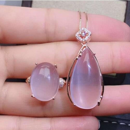 Real Natural Rose Quartz jewelry set Natural Real Rose Quartz 925 sterling silver 1pc pendant,1pc ring