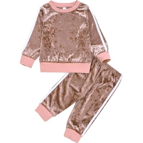 2020 New spring Velvet Kids Baby Girls Clothes Sets Solid Long Sleeve T-shirt Tops + Pants 2PCS Outfit Sets 1-5T Dropshipping