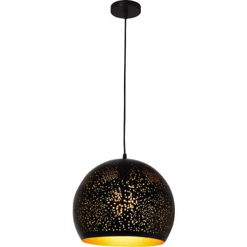 Round shaped pendant lamp ball, contemporary and elegant style of matt black perforated steel and gold interior