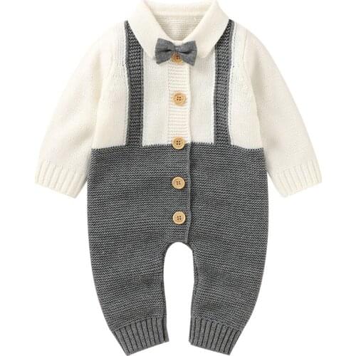 Infant Baby Boys Casual Knitted Romper, Grey Turn-down Collar Long Sleeve Button-down Jumpsuit