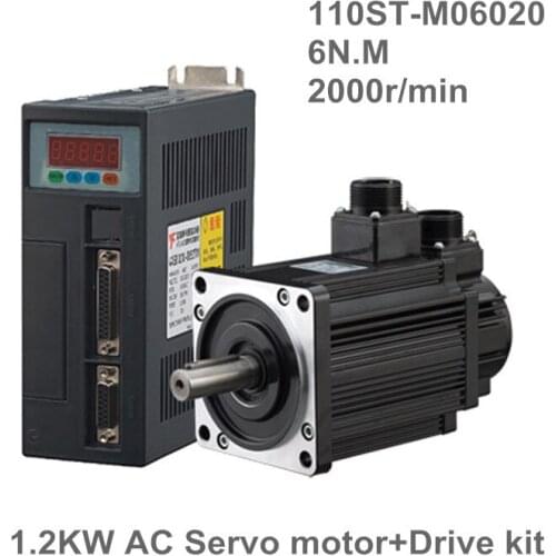 110ST-M06020 220V 1200W AC Servo motor 1.2KW 2000RPM 6N.M. servomotor Single-Phase ac drive permanent magnet Matched Driver