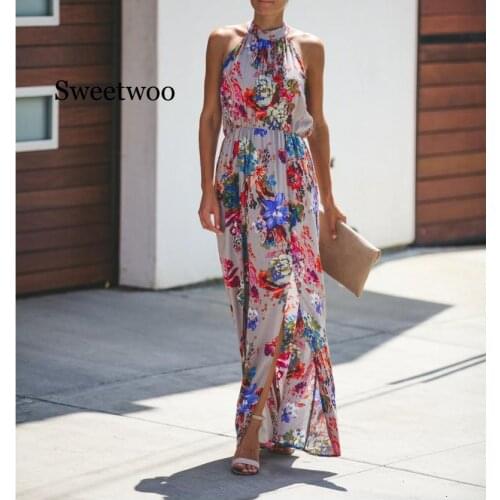 2020 New Chiffon Dress Floral Print Sleeveless Hanging Neck Dresses Summer Women Loose Sundress Female Elegant Party Clothing