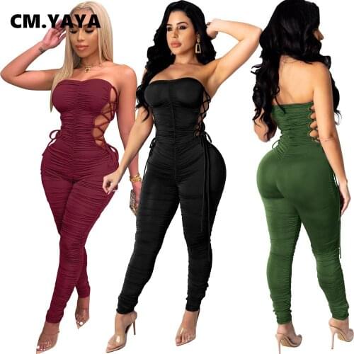CM.YAYA Active Strapless Lace Up Hollow Out Stacked Ruched Bodycon Jumpsuit Women Sexy Club Party One Piece Overall Romper 2021
