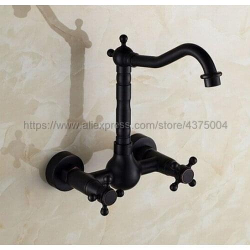Bathroom Dual Handles Vessel Basin Faucet Wall Mounted Mixer Tap Black Oil Rubbed Brass Bath Sink Faucet Ntf010