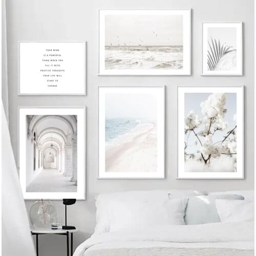 Calm Beach Waves Birds Lilac Flower Palm Leaf Arch Nordic Poster Wall Art Print Canvas Painting Decor Pictures For Living Room