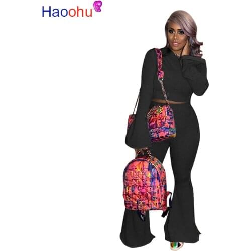 HAOOHU Tracksuit 2pcs Women Set Hooded Top Sweatshirt+Jogger Flare Pants Two Pieces Sets Women Clothing Suits Female