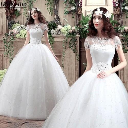 HS Kellio Wedding Dresses With Short Sleeves Lace Appliques Floor Length Ivory Bridal Gown Under 100
