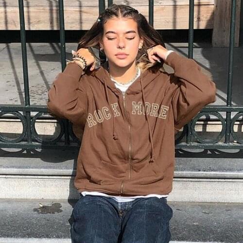 Hooded sweatshirts letter top harajuku Women Long Sleeve y2k Sweatshirt Hoodis Zipper Loose Oversized Streetwear grunge clothes