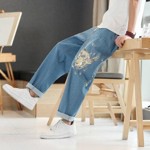 Streetwear New Mens Casual Jeans Loose Embroidery Style Man Denim Pants 2021 Hip Hop Woman Ankle-Length Jeans Trousers 3XL