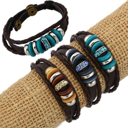 Vintage Retro Multilayer Bracelet Buckle Cuff Fashion Crystal Charm Weave Leather Wristband Bead Bangle Wrap Hippie Punk Jewelry