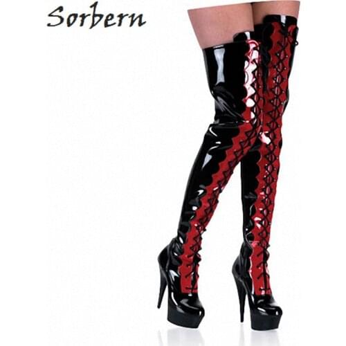 Sorbern Women Boots Lace Up Shoes Extreme High Heels Western WomenS Boots Black And Red Long Boots Women Black High Boot 2018