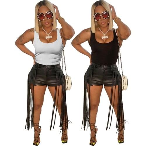 Women Fashion Casual High Waist Pu Shorts Solid Black Color Skinny Leather Pants Side Tassel Sexy Club Party Wear