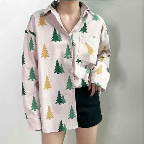 Womens Shirts Tunic Japan Kawaii Ladies Retro Slim Loose Tree Print Shirt Female Punk Harajuku Cute Clothes For Women