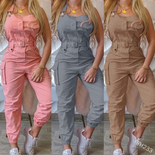 Women Jumpsuits Trousers Casual Cargo Playsuit Sleeveless Low Collar Strap Jumpsuit With Pocket Belt Pencil Pants Loose Overalls