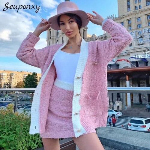 High Quality Autumn 2021 WomenS Loose Knit 2 Two-Piece Set Sexy V-Neck Single-Breasted Jacket + High Waist Skirt Party Set