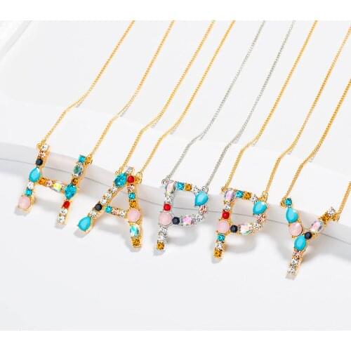 ZWPON 2019 Colorful Pave Cubic Zirconia Crystal Opal Alphabet Letter Name Necklace Women Choker Jewelry Wholesale