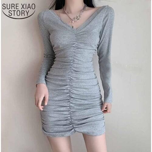 New Korean Sexy V-neck High Waist Hip Short Dress 2021 Fashion Autumn Pleated Sheath Bodycon Dresses for Women Robe Femme 12708