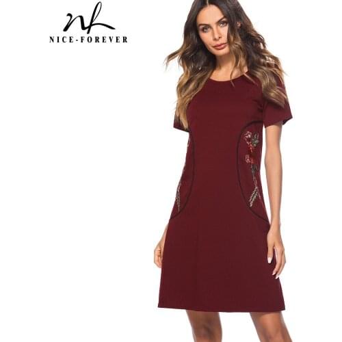Nice-forever Causal Rockabilly Round Neck Embroidery vestidos Short Sleeve Work Women Straight Shift Dress T034