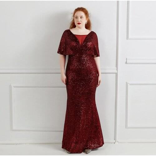 Evening Dress V-Neck Elegant Short Sleeves Zipper Back Burgundy Floor-Length Sequins Mermaid Plus Size Women Formal Gowns D1275
