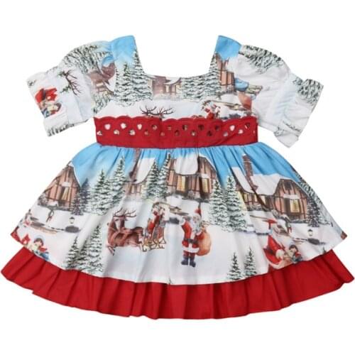 2020 Retro Kids Baby Girl Christmas Princess Dress Santa Claus Print Puff Sleeve Lace Back Bow Party Ball Gown Swing Dress 1-6Y