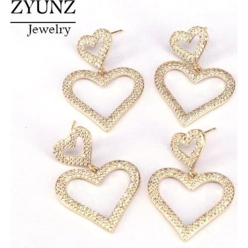 3 Pairs, Heart Dangle Earrings Elegant Jewelry Brincos Drop-Earrings Gold Color Jewelry Crystal Zircon CZ for Women Party Gift
