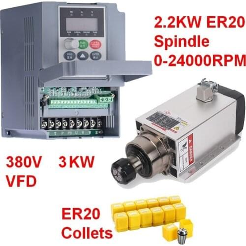 380V 2.2KW 3HP Square Spindle Motor Air Cooled 4 Bearings +3kw VFD inverter + ER20 Collet kit for CNC Engraving Router New