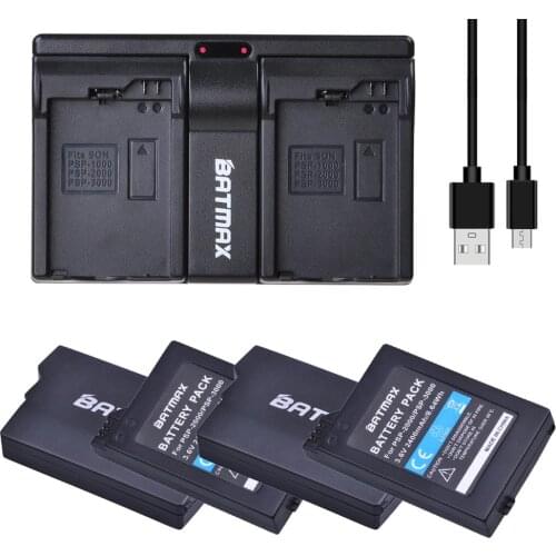 4Pcs 3.6V 2400mAh PSP 2000 PSP-2000 Battery + Dual USB Charger for Sony PSP Slim Portable Playstation PSP-2000 PSP-2001 PSP-2002