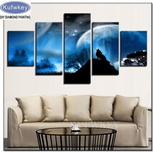 5D diy diamond painting living room full square diamond Moon Night Wolf Howl drill resin round diamond point cross stitch 2019