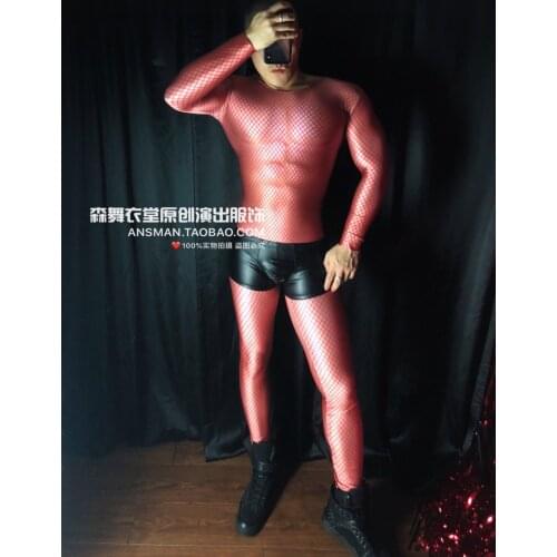 Bar party nightclub male singer DJ DS GOGO 3D hollow net fake muscle abdominal muscle jumpsuit costume