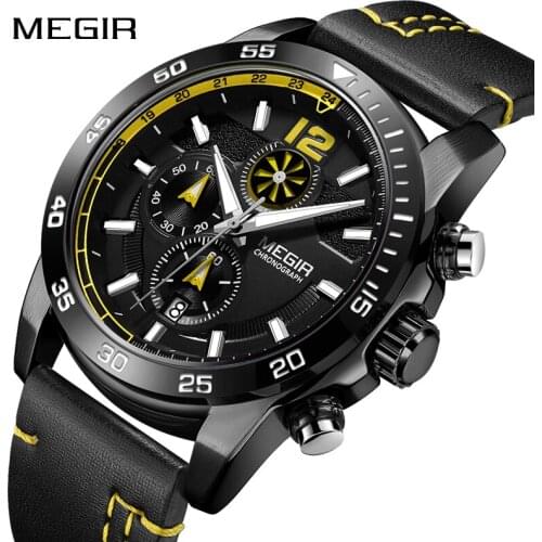 MEGIR Leather Men Date Watches Fashion Waterproof Quartz Male Clock Luminous Chronograph Wrist Watch Relogio Masculino 2021 New