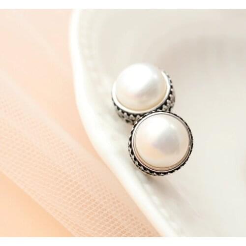 Ethnic Retro Style Authentic 925 Sterling Silver Earstuds Inlaid Natural Freshwater Pearl Earring Lady Fine Jewelry Gift