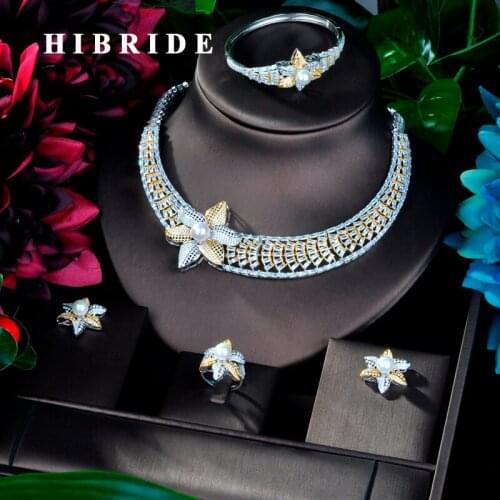 HIBRIDE Beauty Flower Design Luxury Double Tone Women Wedding Naija Bridal Cubic Zirconia Necklace Dubai Dress Jewelry Set N-850