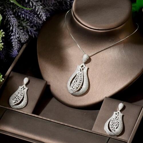 HIBRIDE Top Quality Cubic Zirconia Bridal Wedding Jewelry Sets White Gold Color Necklace Earring Set parure bijoux femme N-1878
