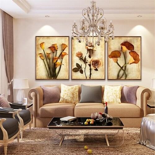 Canvas HD Prints Paintings Wall Art Living Room Home Decor 3 Pieces Roses And Calla Lily Flowers Pictures Retro Poster Framework