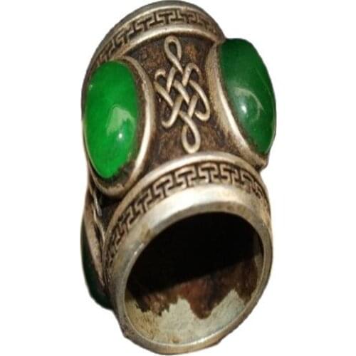 Tibet And Nepal Folk Old Tibetan Silver Inlaid With Greenstone Jade Ring