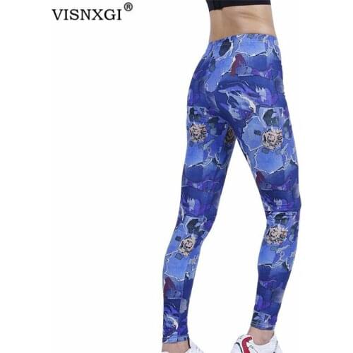 VISNXGI Dream Blue Flower Leggings Women High Waist Push Up Gym Fitness Workout Sports Casual Mujer Ankle-Length Solid Knitted