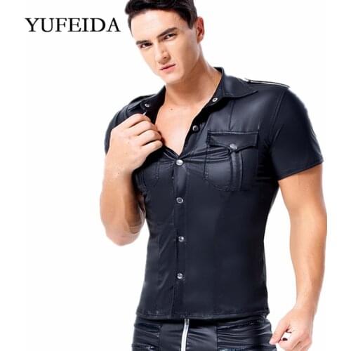 Mens Shirts Faux Leather T Shirts Fitness Tops Short Sleeve Button Up Shirt PU Leather Wetlook Police Uniforms Dance Clubwear