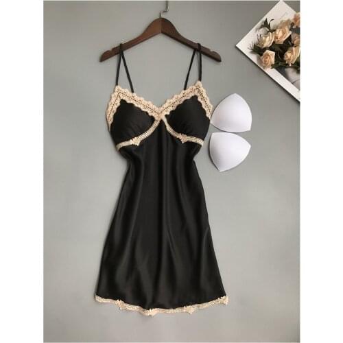 Hot Lace Patchwork Female Spaghetti Strap Nightgown Satin Sexy Nightdress Lingerie Kimono Bathrobe Gown Casual Home No chest pad
